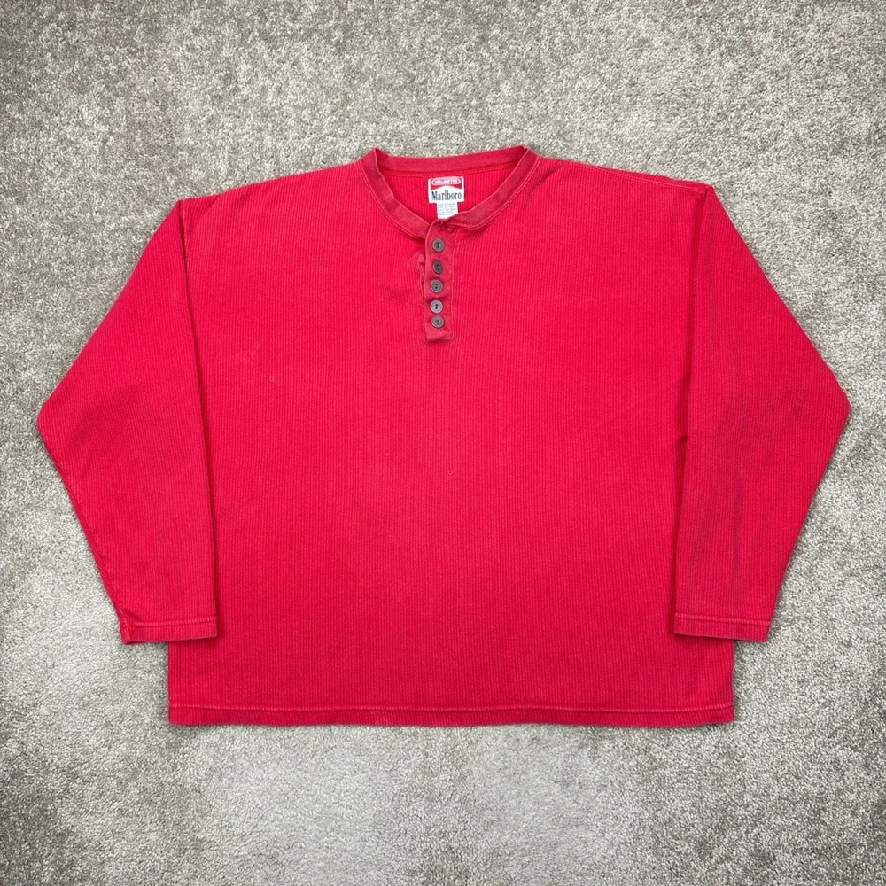 Vintage 90s Marlboro Unlimited Red Waffle Knit Long Sleeve Henley Shirt XXL‎